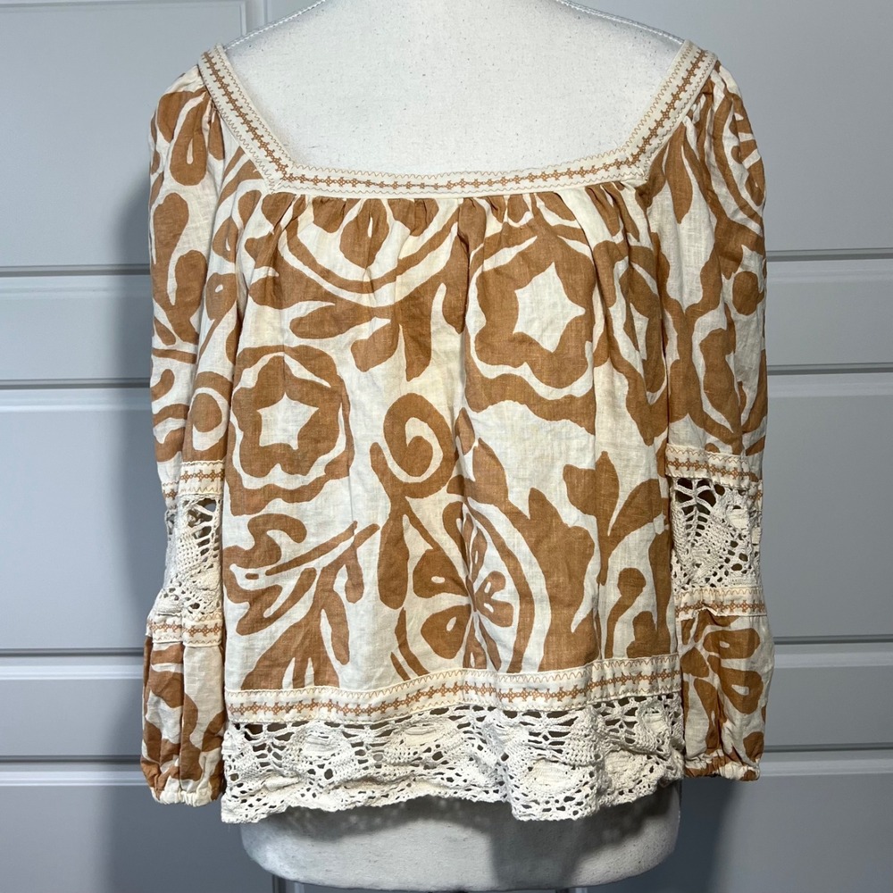Christian Siriano Tan &‎ Cream Floral Linen Rayon Square Neck Blouse Crochet LG